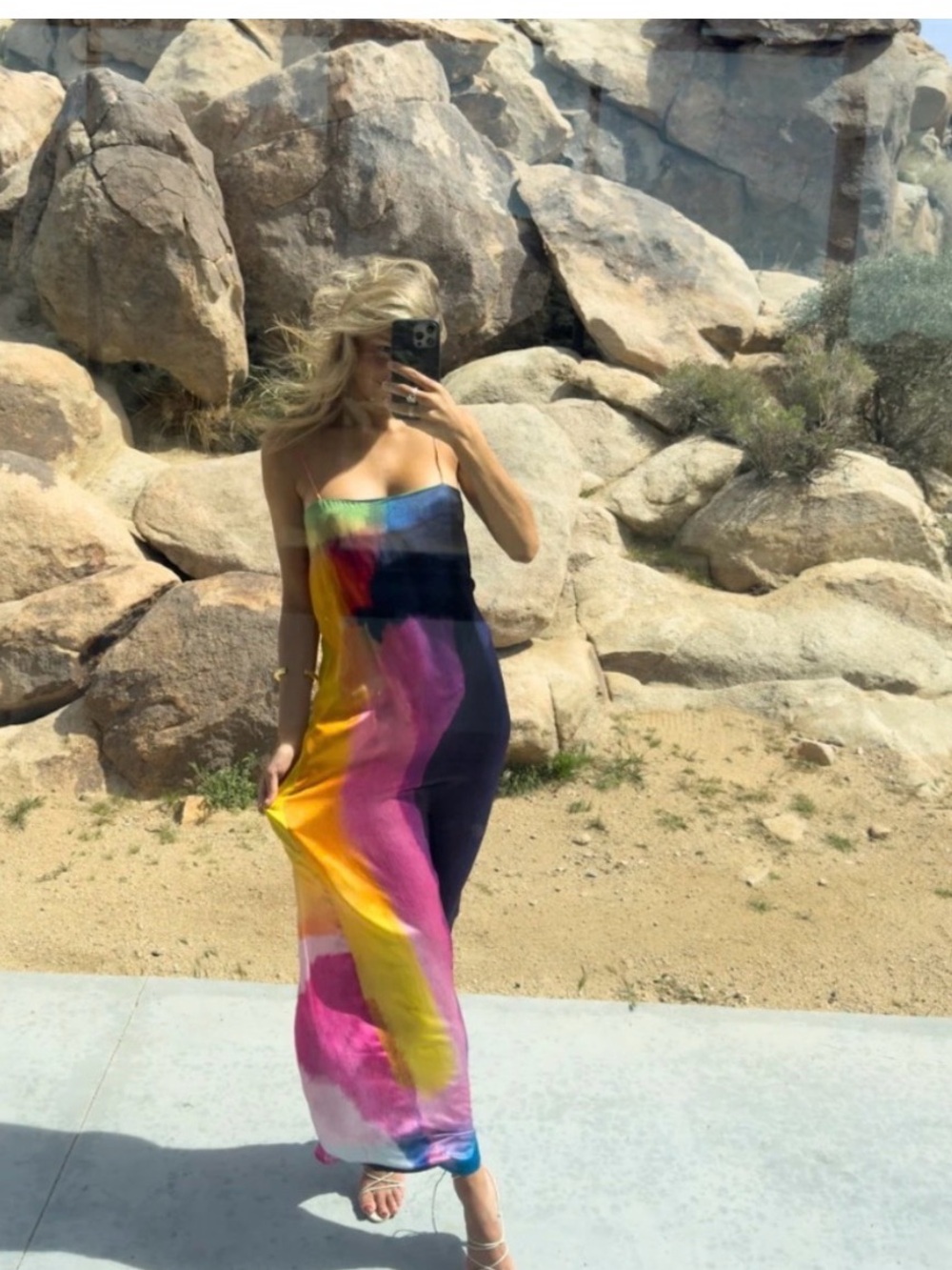 YLLW the Label Cindy Maxi Shift Dress Watercolor Silk Size XL